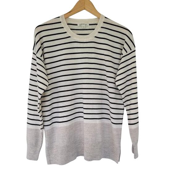 Orvis Merino Wool Striped Sweater Womens Size S Ivory Gray Blue Long Sleeve - Picture 1 of 11